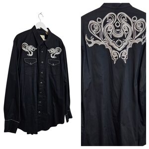 Roper Black Embroidered Western Pearl Snap Shirt Men’s 2XL Rodeo Cowboy